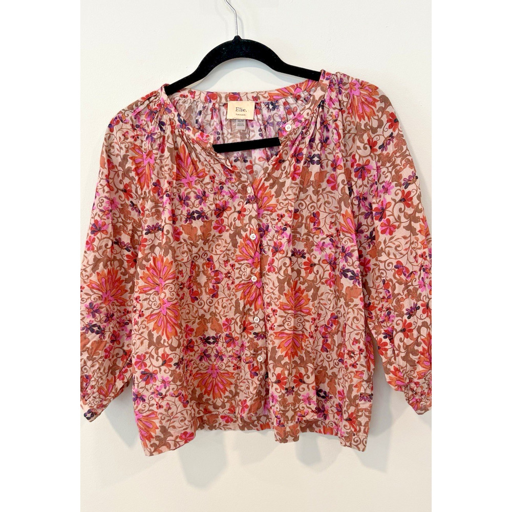 Elie Tahari Floral Peasant Blouse with Puff Sleeves 100% Cotton XS 3027